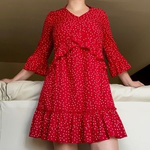 Shein Polka Dot V-Neck Ruffle Girly Bell 3/4 Sleeve Mini Dress